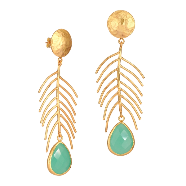 Ethno earring, brass goldplated, with aqua Chalcedony